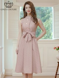 [送料無料][GINZA COUTURE]ピンク・ブラック・ワインレッド・ブラウン・グリーン・ボタン・ノースリーブ・Aライン・ミディアムドレス・ワンピース[即日発送][大きいサイズあり]