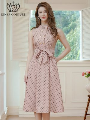 画像1: [送料無料][GINZA COUTURE]ピンク・ブラック・ワインレッド・ブラウン・グリーン・ボタン・ノースリーブ・Aライン・ミディアムドレス・ワンピース[即日発送][大きいサイズあり]