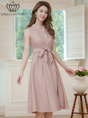 画像2: [送料無料][GINZA COUTURE]ピンク・ブラック・ワインレッド・ブラウン・グリーン・ボタン・ノースリーブ・Aライン・ミディアムドレス・ワンピース[即日発送][大きいサイズあり]
