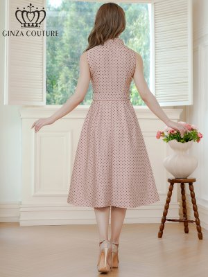 画像15: [送料無料][GINZA COUTURE]ブラック・ワインレッド・ピンク・ブラウン・ドット・金ボタン・ポケット・リボンベルト・ノースリーブ・Aライン・ミディアムドレス・ワンピース[即日発送][大きいサイズあり]