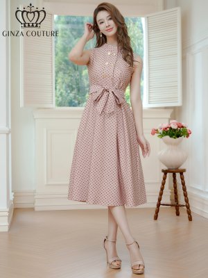 画像5: [送料無料][GINZA COUTURE]ピンク・ブラック・ワインレッド・ブラウン・ドット・金ボタン・ポケット・リボンベルト・ノースリーブ・Aライン・ミディアムドレス・ワンピース[即日発送][大きいサイズあり]