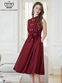 [送料無料][GINZA COUTURE]ワインレッド・ブラック・ブラウン・ピンク・ドット・ボタン・ノースリーブ・Aライン・ミディアムドレス・ワンピース[即日発送][大きいサイズあり]