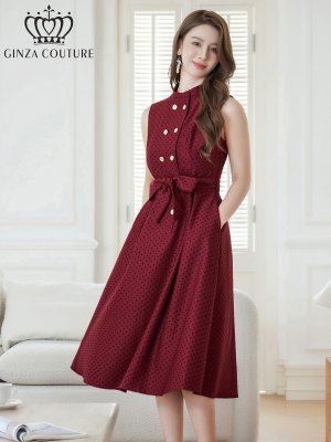 画像1: [送料無料][GINZA COUTURE]ワインレッド・ブラック・ブラウン・ピンク・ドット・ボタン・ノースリーブ・Aライン・ミディアムドレス・ワンピース[即日発送][大きいサイズあり]