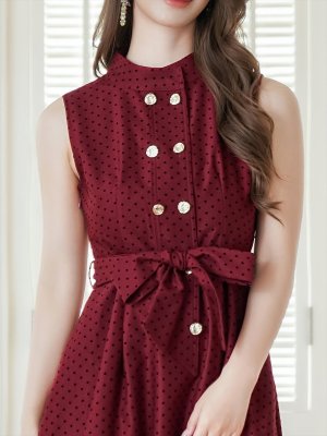 画像10: [送料無料][GINZA COUTURE]ブラック・ワインレッド・ピンク・ブラウン・ドット・金ボタン・ポケット・リボンベルト・ノースリーブ・Aライン・ミディアムドレス・ワンピース[即日発送][大きいサイズあり]