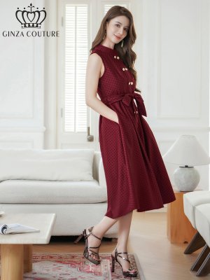画像11: [送料無料][GINZA COUTURE]ブラック・ワインレッド・ピンク・ブラウン・ドット・金ボタン・ポケット・リボンベルト・ノースリーブ・Aライン・ミディアムドレス・ワンピース[即日発送][大きいサイズあり]