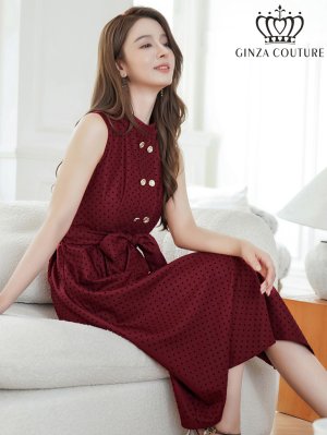 画像12: [送料無料][GINZA COUTURE]ブラック・ワインレッド・ピンク・ブラウン・ドット・金ボタン・ポケット・リボンベルト・ノースリーブ・Aライン・ミディアムドレス・ワンピース[即日発送][大きいサイズあり]