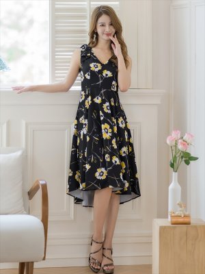 画像6: [送料無料][GINZA COUTURE]ブラック×イエロー・花柄・肩リボン・Aライン・ミディアムドレス・ワンピース[即日発送][大きいサイズあり]