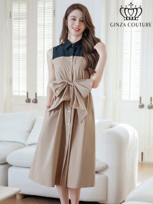 画像3: [送料無料][GINZA COUTURE]ブラック×ベージュ・バイカラー・ボタン・リボンベルト・カジュアル・ノースリーブ・切替・Aライン・ミディアムドレス・ワンピース[即日発送][大きいサイズあり]