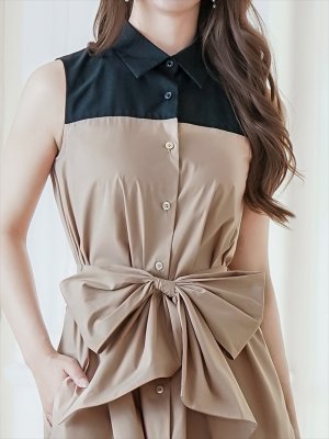 画像4: [送料無料][GINZA COUTURE]ブラック×ベージュ・バイカラー・ボタン・リボンベルト・カジュアル・ノースリーブ・切替・Aライン・ミディアムドレス・ワンピース[即日発送][大きいサイズあり]
