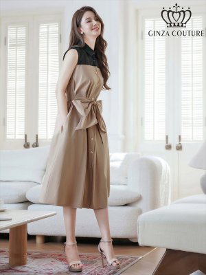 画像6: [送料無料][GINZA COUTURE]ブラック×ベージュ・バイカラー・ボタン・リボンベルト・カジュアル・ノースリーブ・切替・Aライン・ミディアムドレス・ワンピース[即日発送][大きいサイズあり]