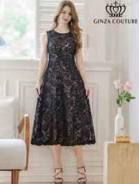 [送料無料][GINZA COUTURE]ブラック・ホワイト・総レース・フラワーレース・ノースリーブ・Aライン・ミディアムドレス・ワンピース[即日発送][大きいサイズあり]
