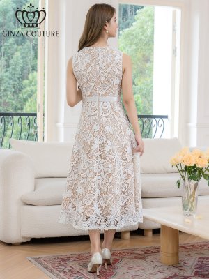 画像9: [送料無料][GINZA COUTURE]ブラック・ホワイト・総レース・フラワーレース・ノースリーブ・Aライン・ミディアムドレス・ワンピース[即日発送][大きいサイズあり]
