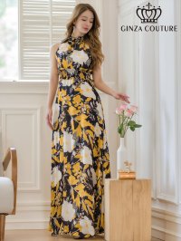 [送料無料][GINZA COUTURE]ブラック×イエロー・ブラック×レッド・プリント・ウエストマーク・Aライン・ノースリーブ・ロングドレス[即日発送][大きいサイズあり]