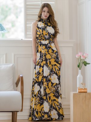 画像12: [送料無料][GINZA COUTURE]ブラック×レッド・ブラック×イエロー・花柄・プリント・ジョーゼット・首元フリル・ウエストマーク・アメリカンスリーブ・マキシ・Aライン・ロングドレス[即日発送][大きいサイズあり]