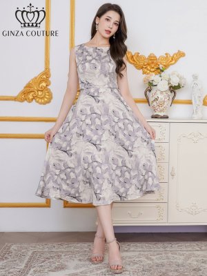 画像1: [送料無料][GINZA COUTURE]グレー・イエロー・プリント・サテン・ノースリーブ・切替・Aライン・ミディアムドレス・ワンピース[即日発送][大きいサイズあり]