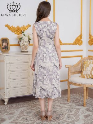 画像3: [送料無料][GINZA COUTURE]グレー・イエロー・プリント・サテン・ノースリーブ・切替・Aライン・ミディアムドレス・ワンピース[即日発送][大きいサイズあり]