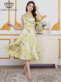 [送料無料][GINZA COUTURE]イエロー・プリント・サテン・ノースリーブ・切替・Aライン・ミディアムドレス・ワンピース[即日発送][大きいサイズあり]