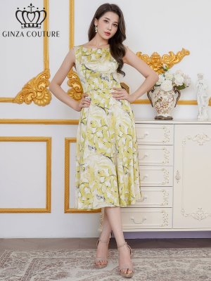 画像2: [送料無料][GINZA COUTURE]イエロー・プリント・サテン・ノースリーブ・切替・Aライン・ミディアムドレス・ワンピース[即日発送][大きいサイズあり]