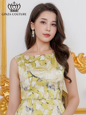 画像10: [送料無料][GINZA COUTURE]グレー・イエロー・プリント・サテン・ノースリーブ・切替・Aライン・ミディアムドレス・ワンピース[即日発送][大きいサイズあり]