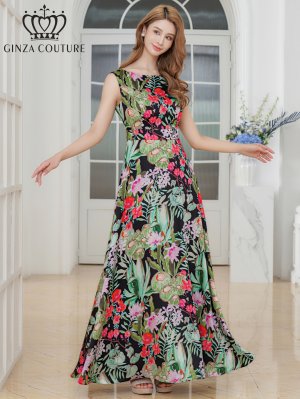 画像2: [送料無料][GINZA COUTURE]グリーン×レッド・プリント・リゾート柄・花柄・サテン・切替・ハイウエスト・Aライン・ロングドレス[即日発送][大きいサイズあり]