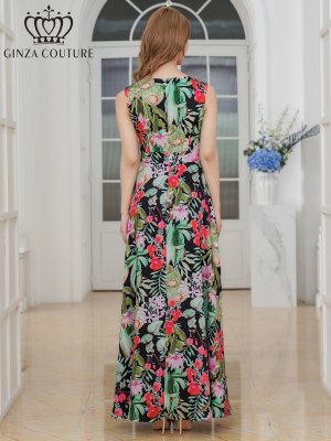 画像3: [送料無料][GINZA COUTURE]グリーン×レッド・プリント・リゾート柄・花柄・サテン・切替・ノースリーブ・ハイウエスト・Aライン・ロングドレス[即日発送][大きいサイズあり]