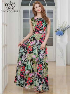 画像5: [送料無料][GINZA COUTURE]グリーン×レッド・プリント・リゾート柄・花柄・サテン・切替・ノースリーブ・ハイウエスト・Aライン・ロングドレス[即日発送][大きいサイズあり]