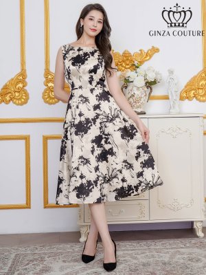 画像2: [送料無料][GINZA COUTURE]ホワイト×ブラック・花柄・プリント・サテン・ノースリーブ・切替・Aライン・ミディアムドレス・ワンピース[即日発送][大きいサイズあり]