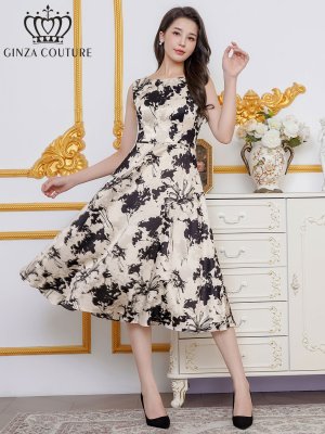 画像1: [送料無料][GINZA COUTURE]ホワイト×ブラック・花柄・プリント・サテン・ノースリーブ・切替・Aライン・ミディアムドレス・ワンピース[即日発送][大きいサイズあり]