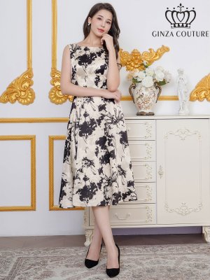 画像5: [送料無料][GINZA COUTURE]ホワイト×ブラック・ホワイト×レッド・花柄・プリント・サテン・ノースリーブ・切替・Aライン・ミディアムドレス・ワンピース[即日発送][大きいサイズあり]