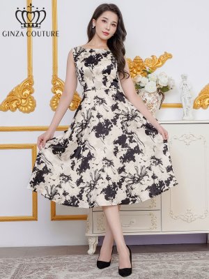 画像6: [送料無料][GINZA COUTURE]ホワイト×ブラック・ホワイト×レッド・花柄・プリント・サテン・ノースリーブ・切替・Aライン・ミディアムドレス・ワンピース[即日発送][大きいサイズあり]