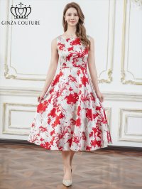 [送料無料][GINZA COUTURE]ホワイト×レッド・ホワイト×ブラック・花柄・プリント・サテン・ノースリーブ・切替・Aライン・ミディアムドレス・ワンピース[即日発送][大きいサイズあり]