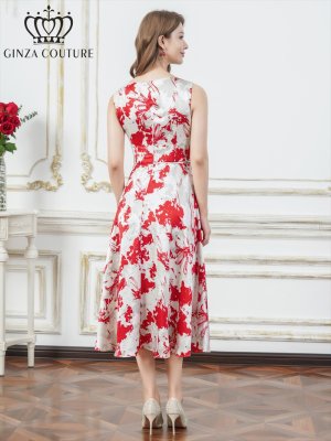 画像3: [送料無料][GINZA COUTURE]ホワイト×レッド・ホワイト×ブラック・花柄・プリント・サテン・ノースリーブ・切替・Aライン・ミディアムドレス・ワンピース[即日発送][大きいサイズあり]