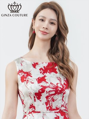 画像4: [送料無料][GINZA COUTURE]ホワイト×レッド・ホワイト×ブラック・花柄・プリント・サテン・ノースリーブ・切替・Aライン・ミディアムドレス・ワンピース[即日発送][大きいサイズあり]