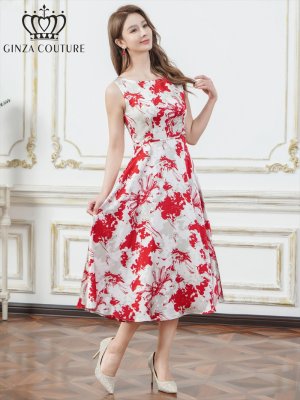 画像5: [送料無料][GINZA COUTURE]ホワイト×レッド・ホワイト×ブラック・花柄・プリント・サテン・ノースリーブ・切替・Aライン・ミディアムドレス・ワンピース[即日発送][大きいサイズあり]