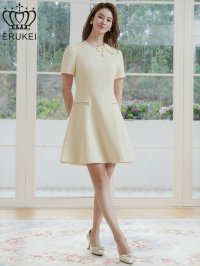[送料無料][GINZA COUTURE]アイボリー・リボン・半袖・ラインストーン・フェイクポケット・Aライン・ミニドレス・ワンピース[即日発送][大きいサイズあり]