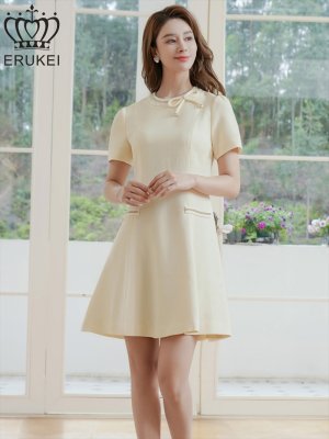 画像2: [送料無料][GINZA COUTURE]アイボリー・リボン・半袖・ラインストーン・フェイクポケット・Aライン・ミニドレス・ワンピース[即日発送][大きいサイズあり]