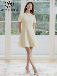 [送料無料][GINZA COUTURE]アイボリー・リボン・半袖・ラインストーン・フェイクポケット・Aライン・ミニドレス・ワンピース[即日発送][大きいサイズあり]