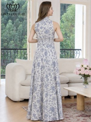 画像3: [送料無料][GINZA COUTURE]ホワイト×ブルー・ホワイト×ピンク・花柄・プリント・サテン・首元フリル・ウエストマーク・マキシ・アメリカンスリーブ・Aライン・ロングドレス[即日発送][大きいサイズあり]
