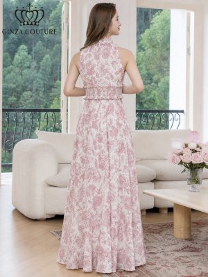 画像9: [送料無料][GINZA COUTURE]ホワイト×ブルー・ホワイト×ピンク・花柄・プリント・サテン・首元フリル・ウエストマーク・マキシ・アメリカンスリーブ・Aライン・ロングドレス[即日発送][大きいサイズあり]