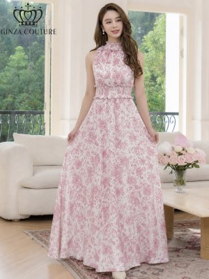 画像11: [送料無料][GINZA COUTURE]ホワイト×ブルー・ホワイト×ピンク・花柄・プリント・サテン・首元フリル・ウエストマーク・マキシ・アメリカンスリーブ・Aライン・ロングドレス[即日発送][大きいサイズあり]