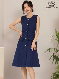 [送料無料][GINZA COUTURE]ネイビー・オレンジ・ピンク・ベージュ・ツイード・ノースリーブ・Aライン・ワンピース[即日発送][大きいサイズあり]