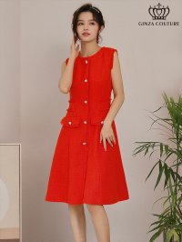 [送料無料][GINZA COUTURE]オレンジ・ネイビー・ピンク・ベージュ・ツイード・ノースリーブ・Aライン[即日発送][大きいサイズあり]