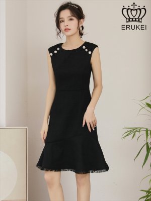 画像1: [ERUKEI]ブラック・ピンク・イエロー・ツイード・お花ビジュー・肩ポイント・ノースリーブ・マーメイド・ローウエスト・Aライン・ミニドレス・ワンピース