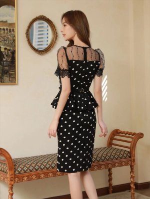 画像9: [送料無料][ERUKEI]ホワイト・ブラック・ドット・プリント・半袖・デコルテレース・ペプラム・ベルト付き・ミディアムドレス・ワンピース[即日発送][大きいサイズあり]