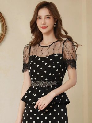 画像10: [送料無料][ERUKEI]ホワイト・ブラック・ドット・プリント・半袖・デコルテレース・ペプラム・ベルト付き・ミディアムドレス・ワンピース[即日発送][大きいサイズあり]