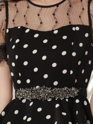 画像11: [送料無料][ERUKEI]ホワイト・ブラック・ドット・プリント・半袖・デコルテレース・ペプラム・ベルト付き・ミディアムドレス・ワンピース[即日発送][大きいサイズあり]