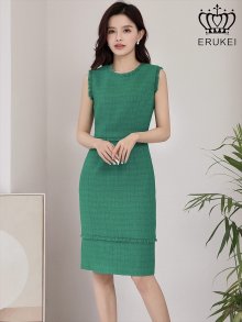 他の写真1: [送料無料][ERUKEI]グリーン・イエロー・ブラック・ピンク・ベージュ・ホワイト・レッド・ブルー・ツイード・タイト・膝丈・ミディアムドレス・ワンピース[即日発送][大きいサイズあり]