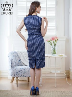 画像3: [送料無料][ERUKEI]ブルー・ホワイト・ベージュ・ブラック・レッド・ピンク・イエロー・グリーン・ツイード・タイト・膝丈・ミディアムドレス・ワンピース[即日発送][大きいサイズあり]