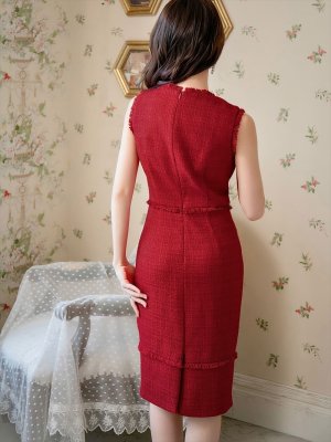 画像3: [送料無料][ERUKEI]レッド・ブラック・ベージュ・ピンク・ホワイト・イエロー・グリーン・ブルー・ツイード・タイト・膝丈・ミディアムドレス・ワンピース[即日発送][大きいサイズあり]