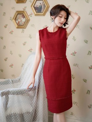 画像4: [送料無料][ERUKEI]レッド・ブラック・ベージュ・ピンク・ホワイト・イエロー・グリーン・ブルー・ツイード・タイト・膝丈・ミディアムドレス・ワンピース[即日発送][大きいサイズあり]